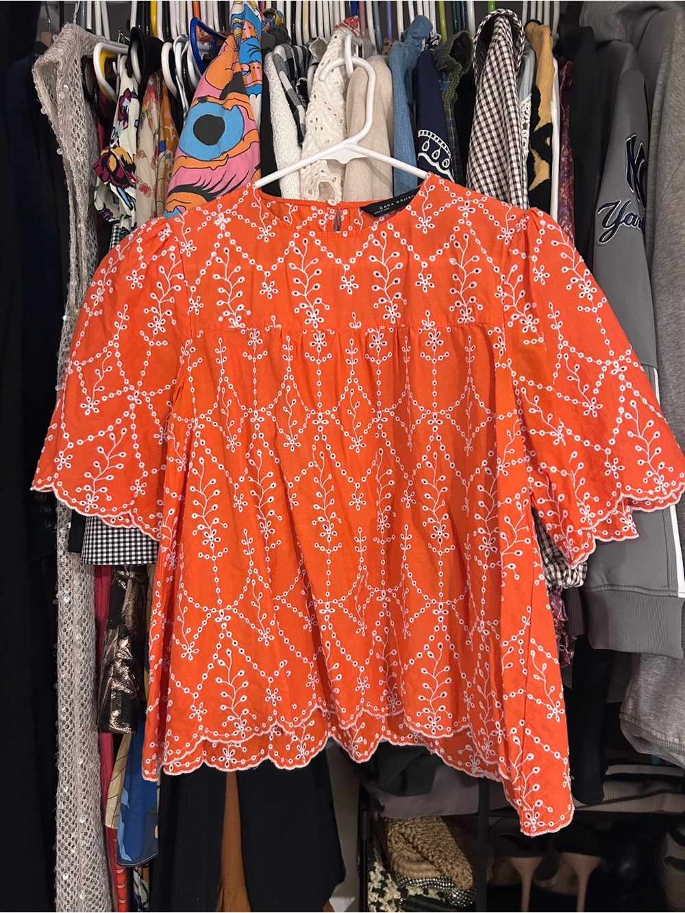 Zara Women’s Orange Eyelet Short-Sleeve Scalloped Hem Blouse